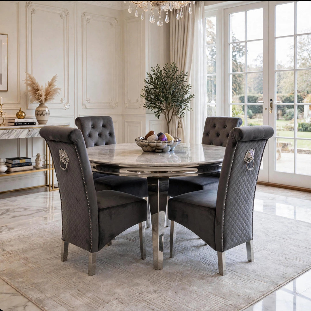 Louise 130cm Round Light Grey Marble Dining Table with Dark Grey Velvet Chairs – 4 Seater