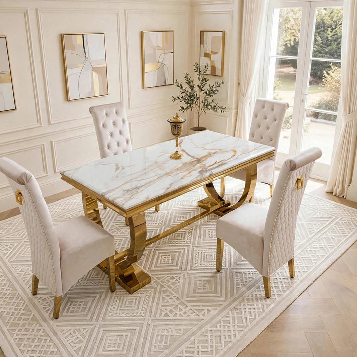 Arianna White & Gold Marble Dining Table with Cream And Gold Lucy Velvet Dining Chairs