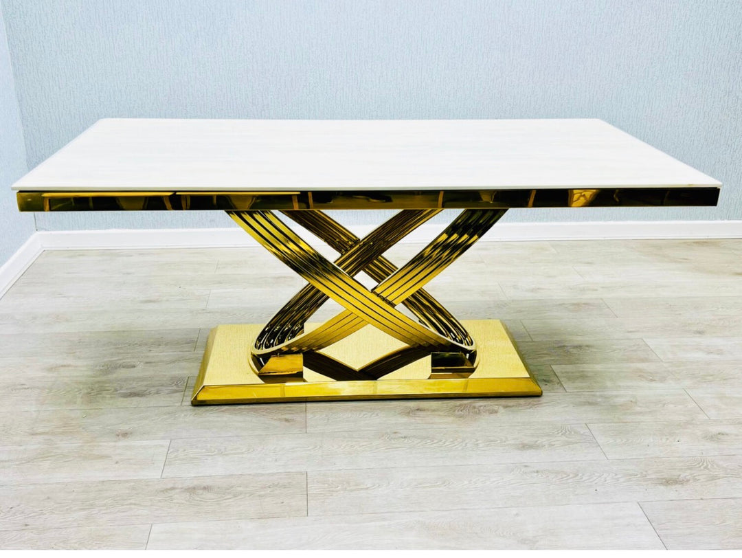 Rose Marble Dining Table Cream And Gold + Chealse Cream And Gold Dining Chairs