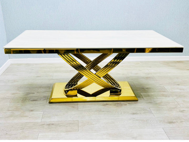 Rose Marble Dining Table Cream And Gold + Chealse Cream And Gold Dining Chairs