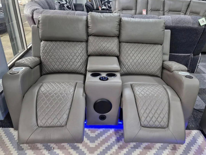 Florence 2 Seater Grey Leather Electric Recliner Sofa with Cup Holders, LED Lights & Wireless Charger, Speaker , USB Port