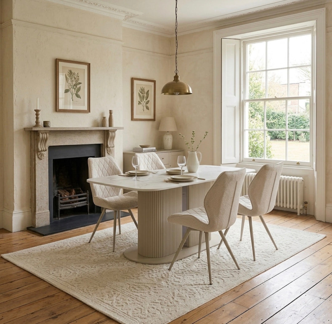 Alsager Cream Ceramic Dining Table with Cambridge Beige Dining Chairs – Modern 4 & 6 Seater Dining Set