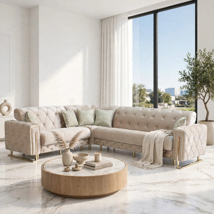 Luxury Sophire Turkish Velvet Sofa Cream and Gold Corner with Storage
