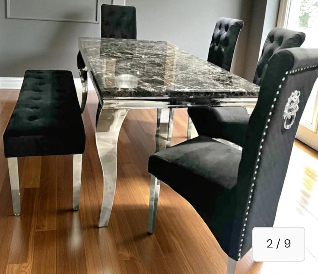 Louise Marble Dining Table + Sofia Dining chairs & Matching Bench
