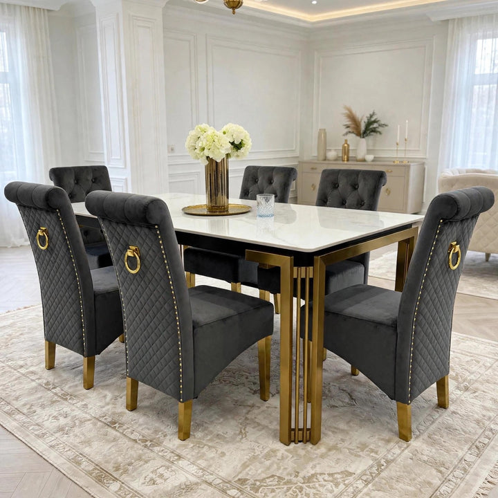 Sorrento White & Gold Marble Dining Table with Sofia Cream & Gold Velvet Dining Chairs