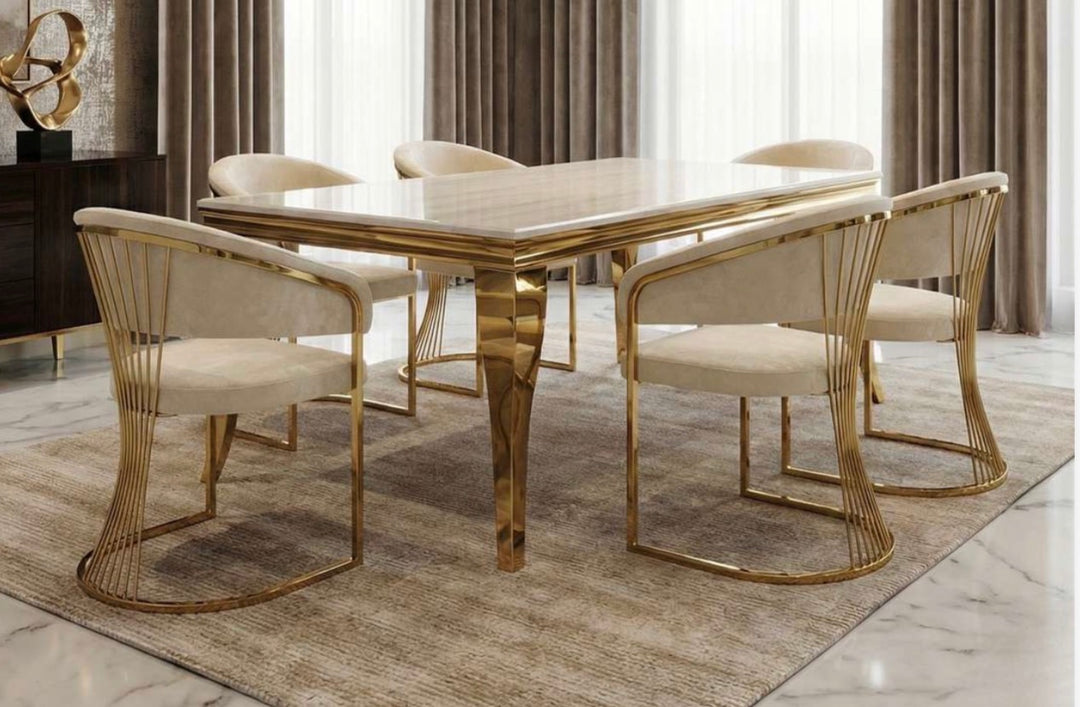 Cream and gold Dining Table gold base 
Cream and gold Dining Chairs 