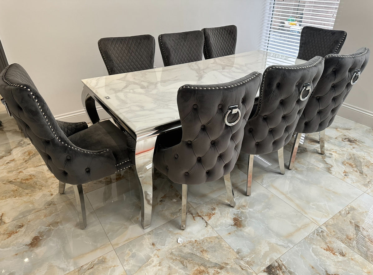 Louis Marble Dining Table with 6 Victoria Ring Knocker chairs Dark Grey