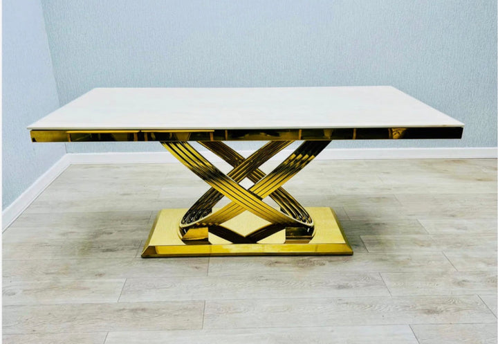 Rose Cream Gold Marble Dining Table with Santorini Cream Gold Dining Chairs