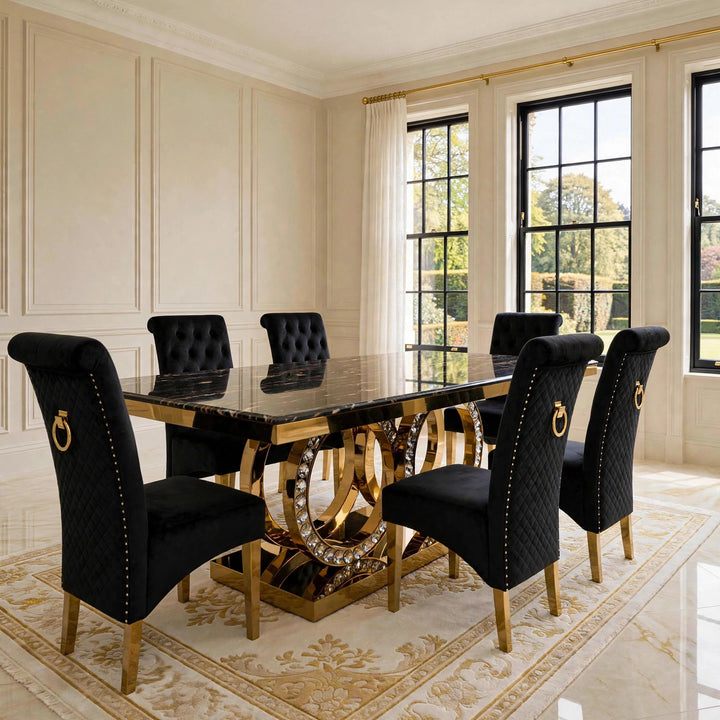 160cm Crystal Black & Gold Dining Table with Sofia Black & Gold Velvet Chairs