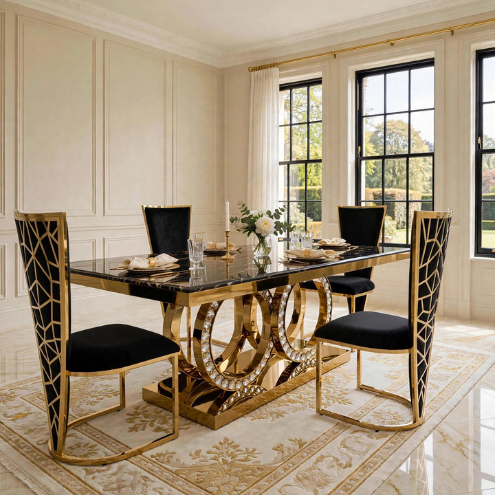 180cm Crystal Black & Gold Dining Table, Rose Black & Gold Chairs, Gold Dining Set UK