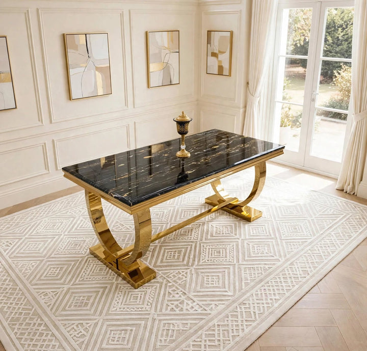 Arianna black and gold marble dining table with luxury gold sculptural base