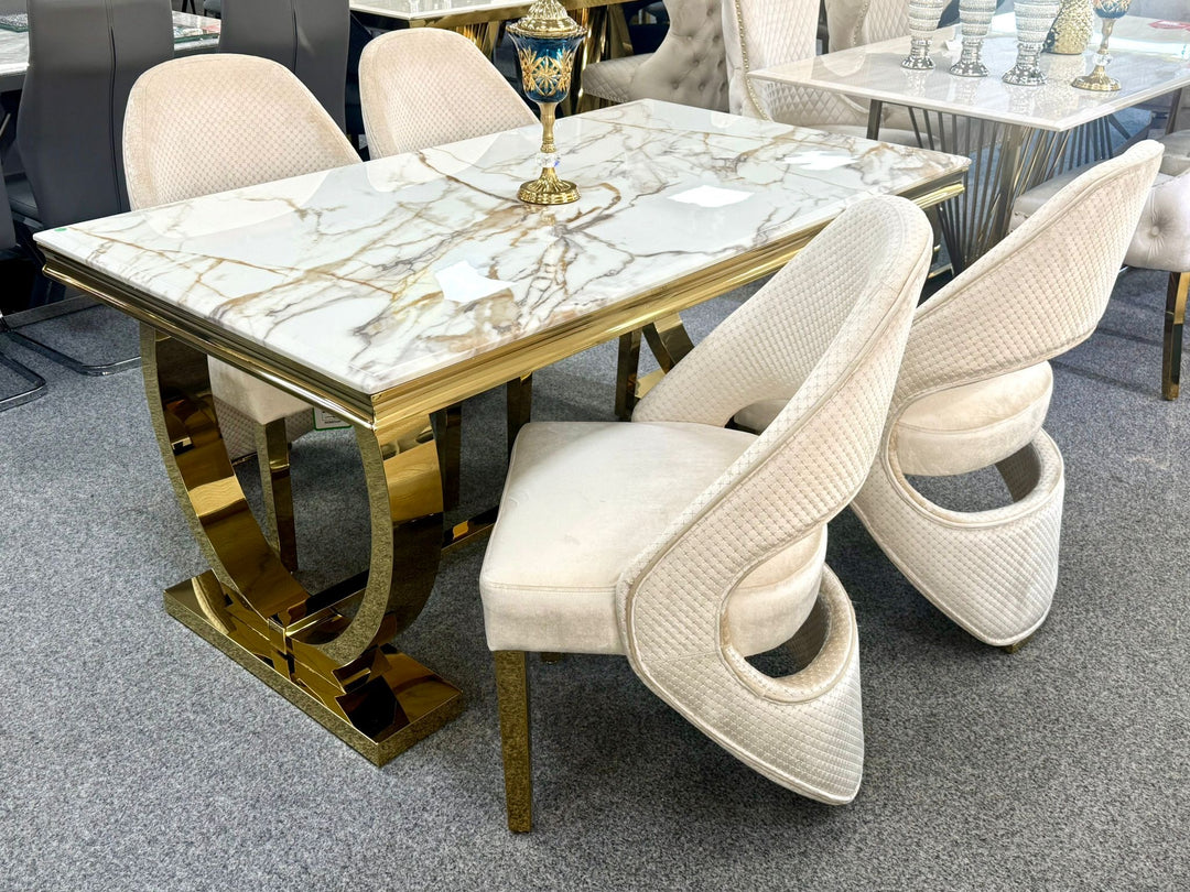 Dining table with marble top and gold 
Cream and gold Dining chairs 
