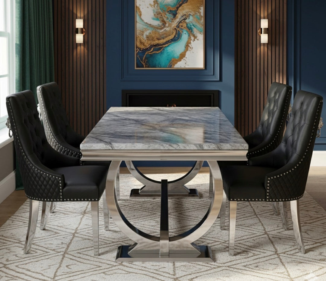Grey Marble Dining table 
Black Pu Leather chair 