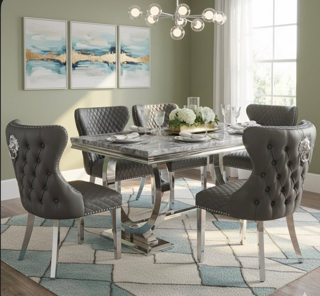 Dining room with a Grey marble table and Dark grey Pu leather chairs,
