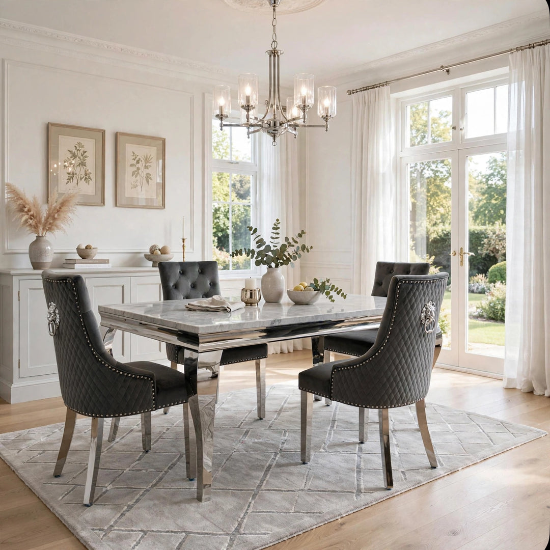 Louise Light Marble Dining Table with Dark Grey Velvet Dining Chairs – 4, 6 & 8 Seater
