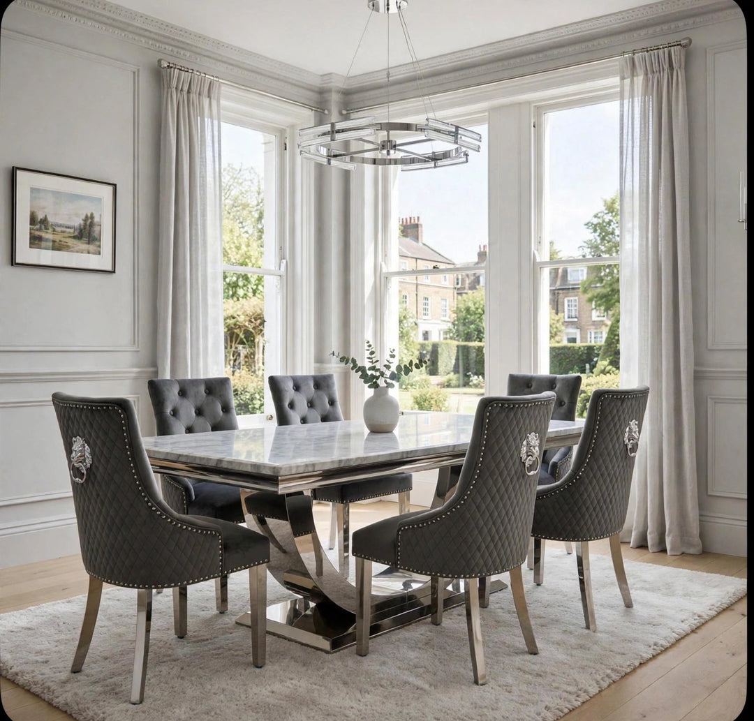 London Light Grey Marble Dining Table with Dark Grey Lion Knocker Chairs