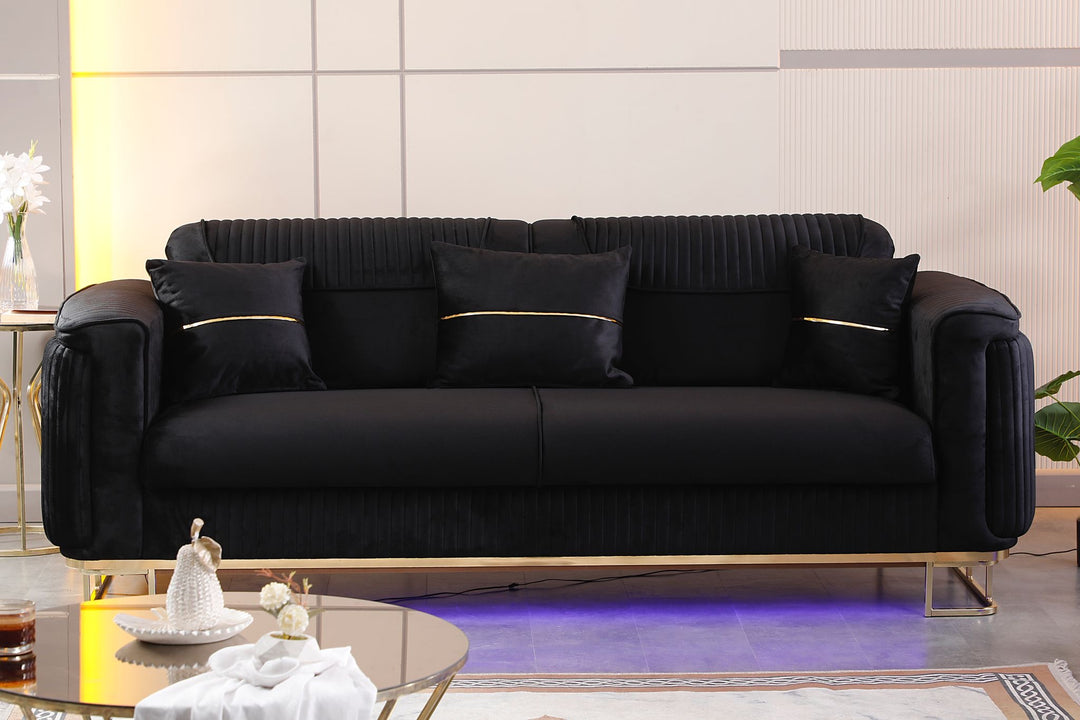 Victoria Luxury 3 & 2 Seater Sofas – Cream & Gold | Black & Gold Sofas with Storage | With or Without LED Light