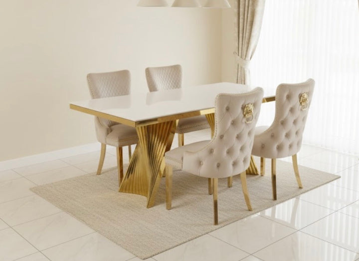 Rocco 180cm Cream Gold Dining Table With Victoria Cream Gold Lion knocker Dining Chairs