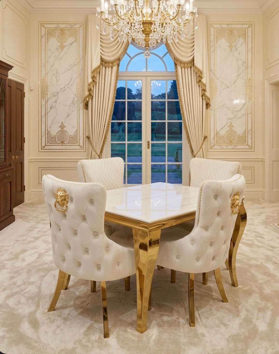 120cm Louise Gold Cream Marble Dining Set + Cream Gold Lion Knocker Chairs