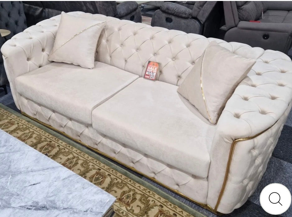 Paris Cream Velvet Sofa 300cm with Gold Legs
