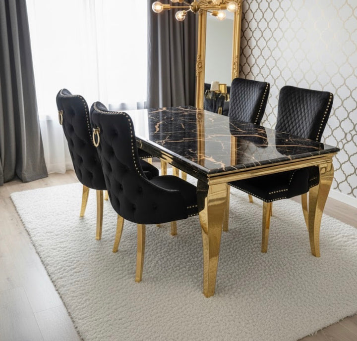 Louise Black And Gold Marble Dining Table + Victoria Black And Gold Dining Chairs Ring Knocker