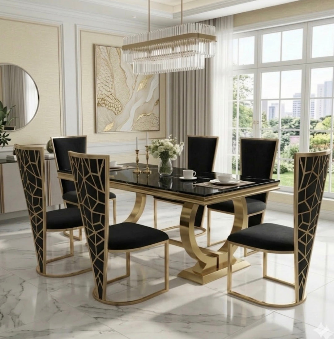 Arianna White & Gold Dining Table Set with Rose Cream Velvet Gold Chairs – 1.6m 1.8m 2m | Luxury Marble Dining Furniture UK