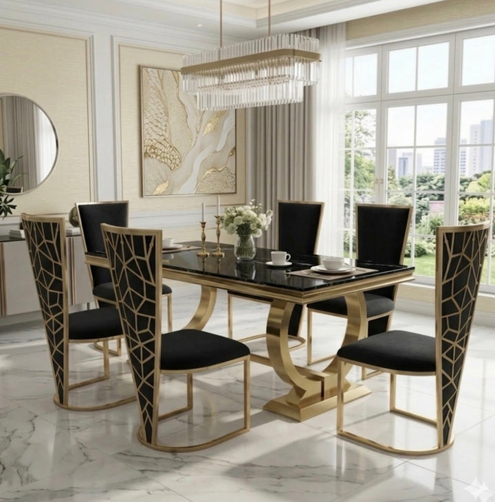 Arianna White & Gold Dining Table Set with Rose Cream Velvet Gold Chairs – 1.6m 1.8m 2m | Luxury Marble Dining Furniture UK