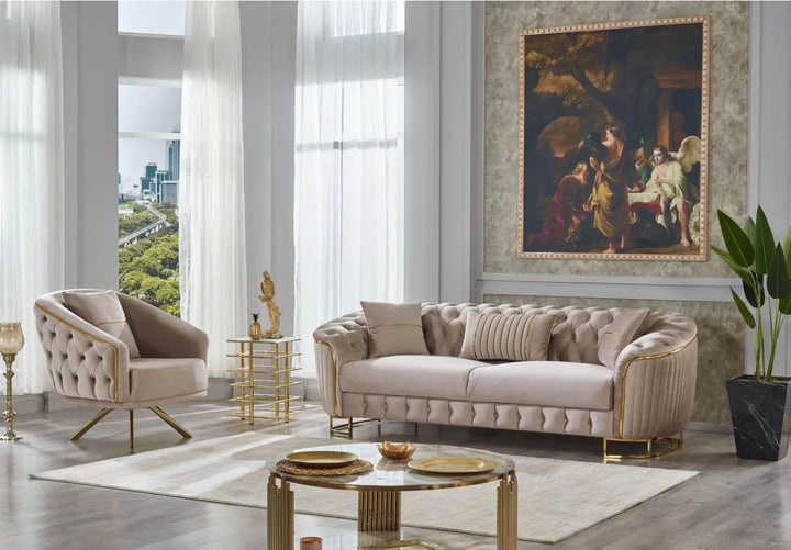 Victoria 3+2 Seater Beige Sofa Set|Gold Trim & Gold Legs