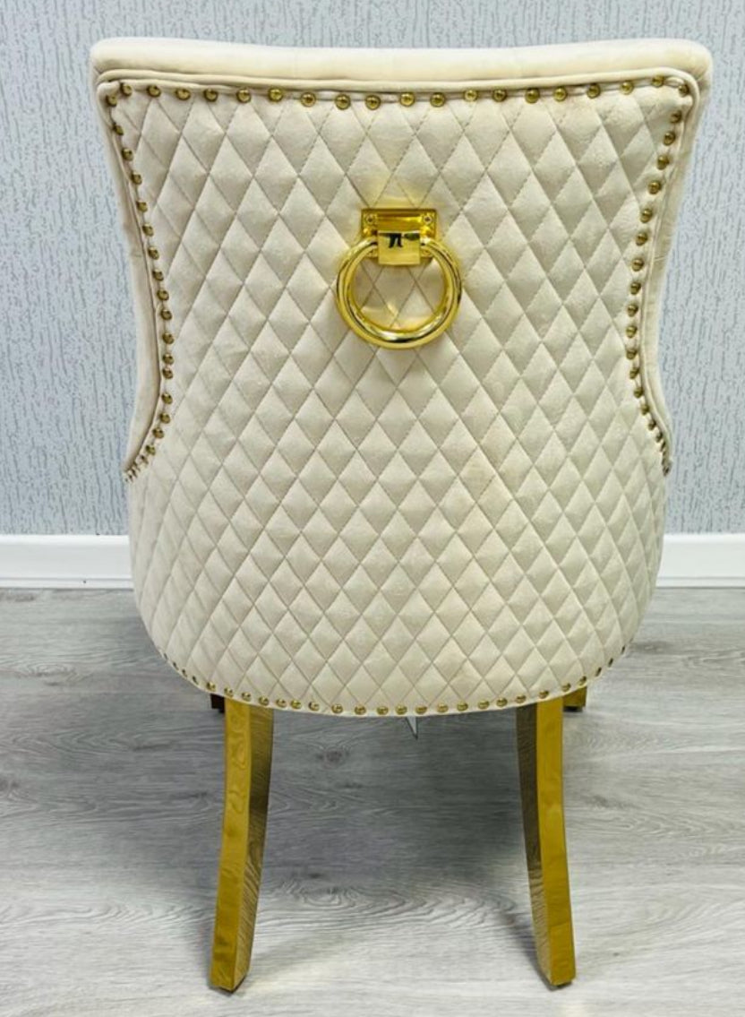 Louis Marble Gold Dining Table White  + Gold Dining Chairs Black Lion knocker