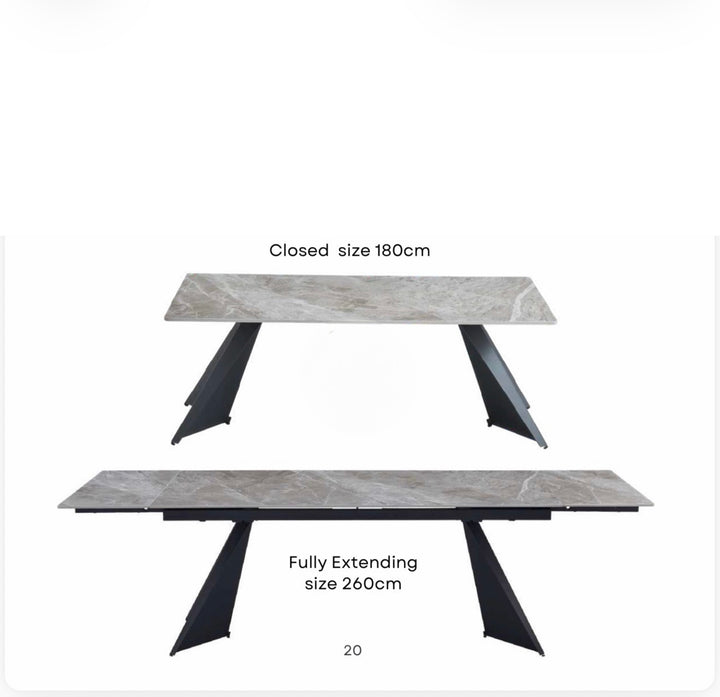Chicago Extendable Dining Table 180–260cm Ceramic Grey Top with Black Legs – Seats 4 to 12