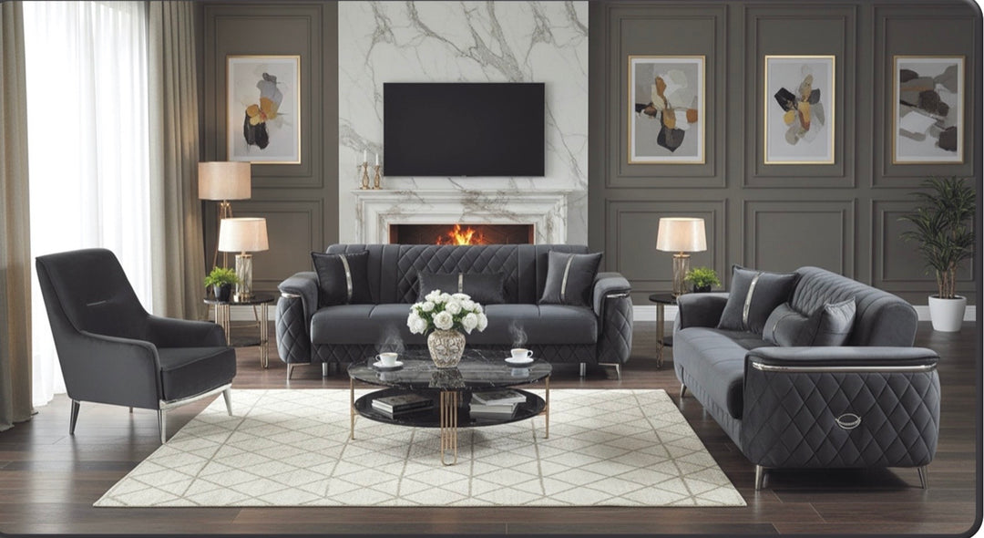 Milan Turkish Grey & Silver Sofa Bed Set with Silver Trim  – 3 Seater, 2 Seater & 1 Seater with Storage | Luxury Living Room Furniture UK