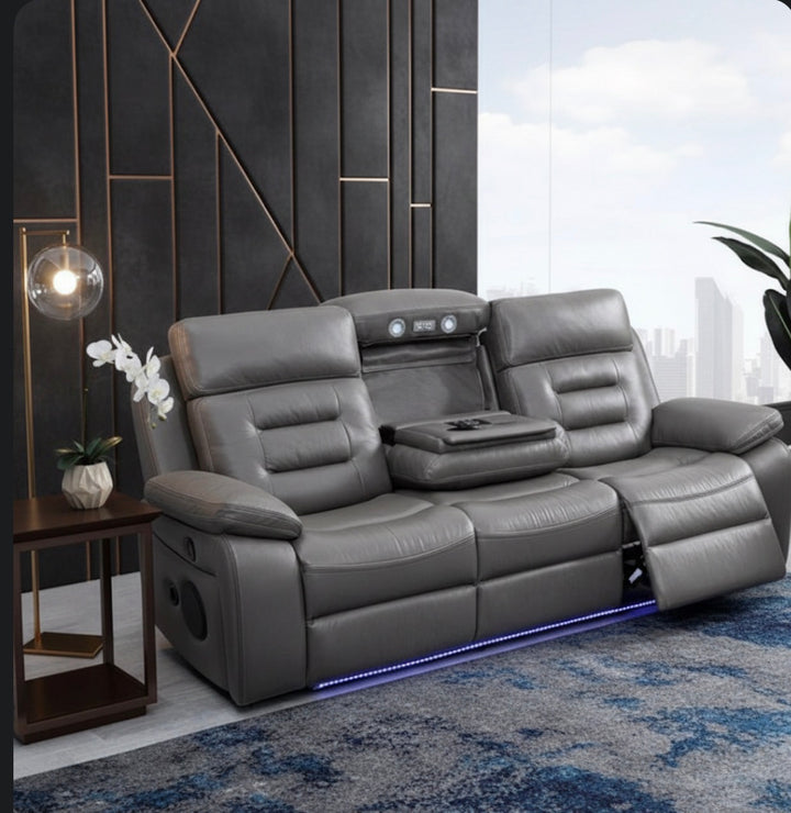 Hifsa 3 Seater Grey Leather Electric Recliner Sofa with Cup Holders,Speaker, LED Lights & Wireless Charger, USB Port
