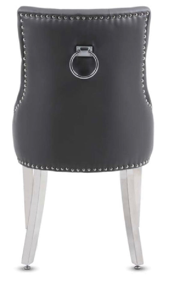 Arianna Grey Marble Dining Table with Dark Grey PU Leather Dining Chairs Ring Knocker– Modern Luxury Dining Set