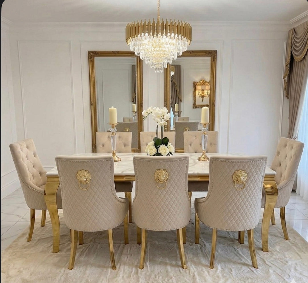 Louise White Marble Dining Table with Gold Base & Gold Majestic Mink Lion Knocker Chairs – Luxury Dining Set