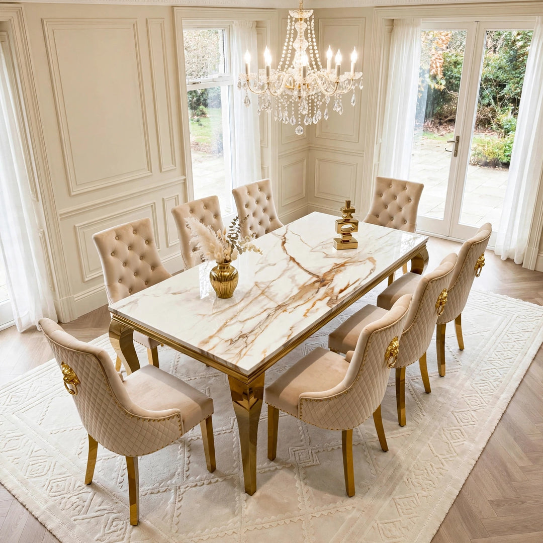 Louise White And Gold Marble Dining Table with Mink & Gold Lion Knocker Velvet Chairs – 4, 6 & 8 Seater