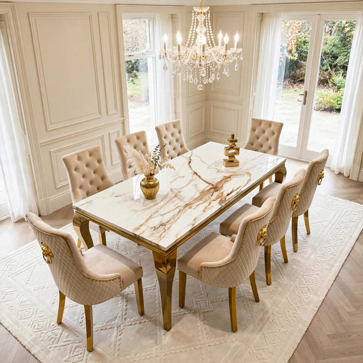 Louise White And Gold Marble Dining Table with Mink & Gold Lion Knocker Velvet Chairs – 4, 6 & 8 Seater