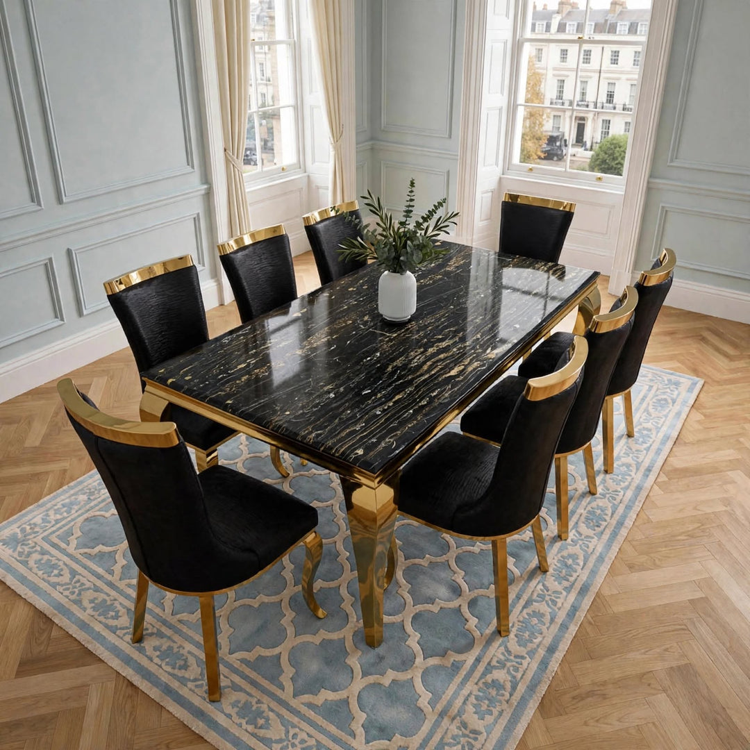 Louise Black & Gold Marble Dining Table with Roxby Black & Gold Dining Chairs