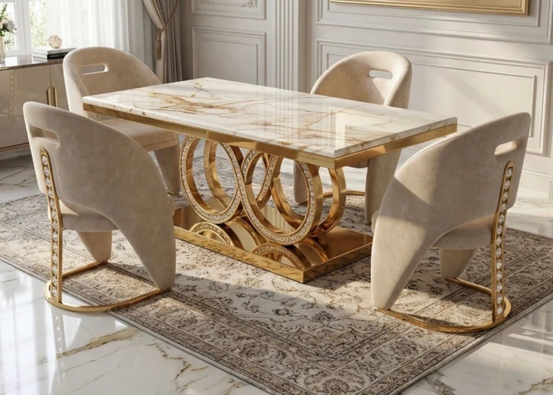 Crystal Dining Table 180cm with Rome Cream & Gold Dining Chairs | Luxury Dining Set UK