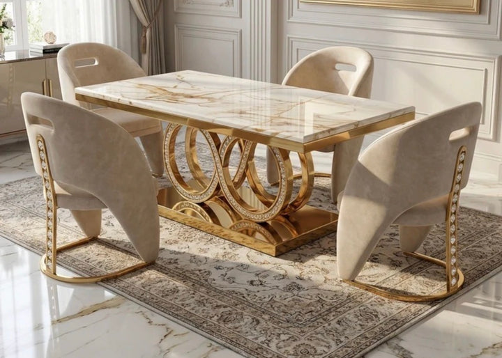 Crystal Dining Table 180cm with Rome Cream & Gold Dining Chairs | Luxury Dining Set UK