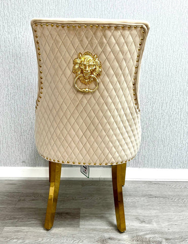 Louise Gold Table With Bentley Cream & Gold Dining Chairs Lion Knocker