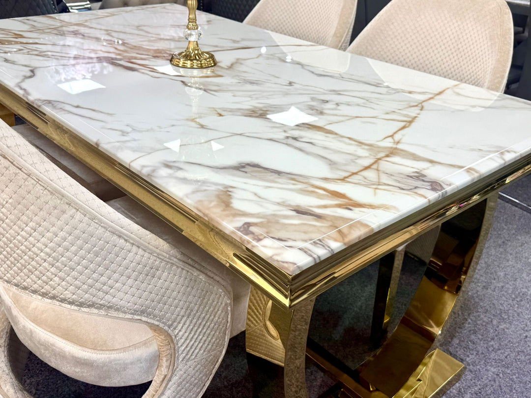 Arianna Gold Marble Dining Table with Santorini Cream & Gold Dining Chairs Set