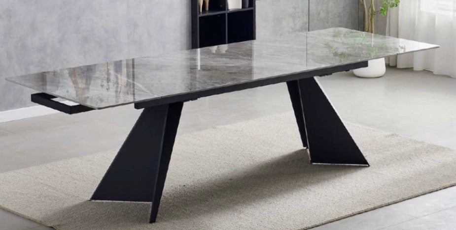 180-260cm Extendable Dining Table Grey + Dining Chairs Leather Dark Grey Chicago