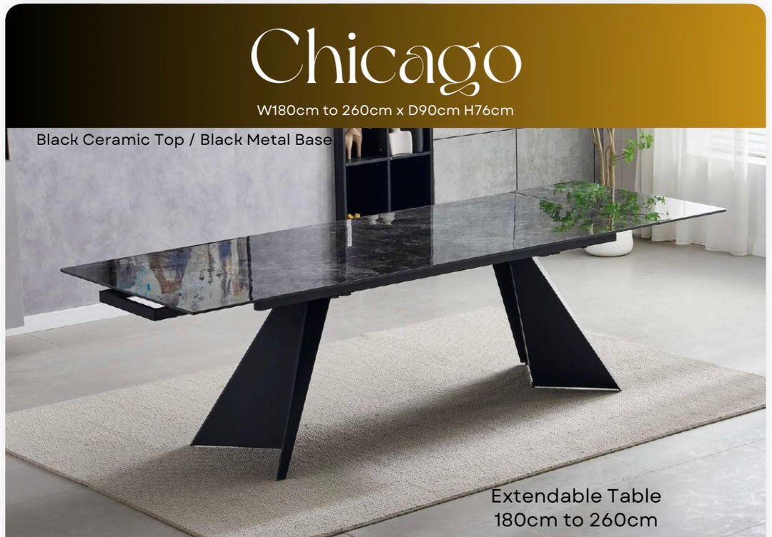 Chicago Extendable Dining Table 180–260cm Ceramic Black Top with Black Legs – Seats 4 to 12