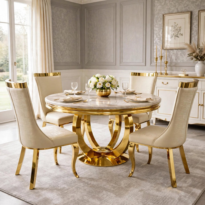 130cm Round Gold Dining Table With 4 Cream & Gold Velvet Chairs – Luxury Marble Dining Set