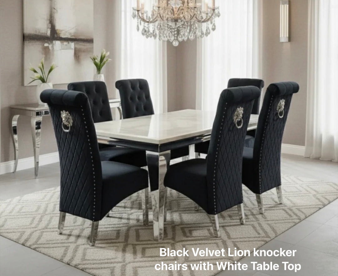 Louis Black Marble Dining Table With Black Sofia Chairs With Lion Knocker