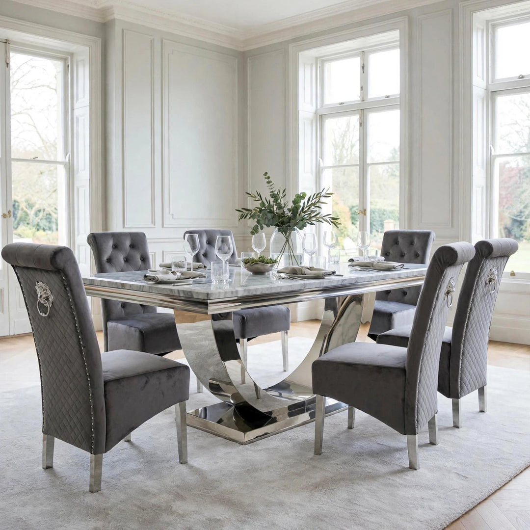 London Light Grey Marble Dining Table with Sofia Dark Grey Lion Knocker Velvet Chairs