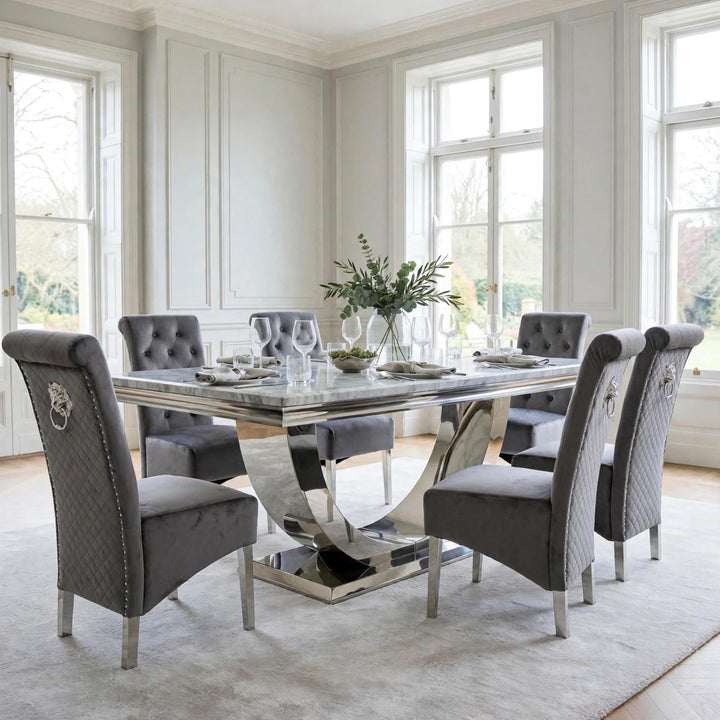 London Light Grey Marble Dining Table with Sofia Dark Grey Lion Knocker Velvet Chairs