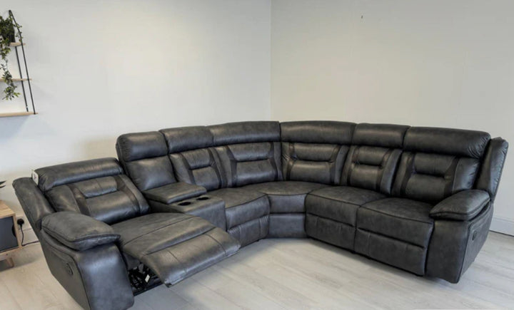 ELECTRIC RECLINER SOFA CORNER - Tech Fabric Sofa GREY WITH BLACK TRIM & Comes With Additional seat & console