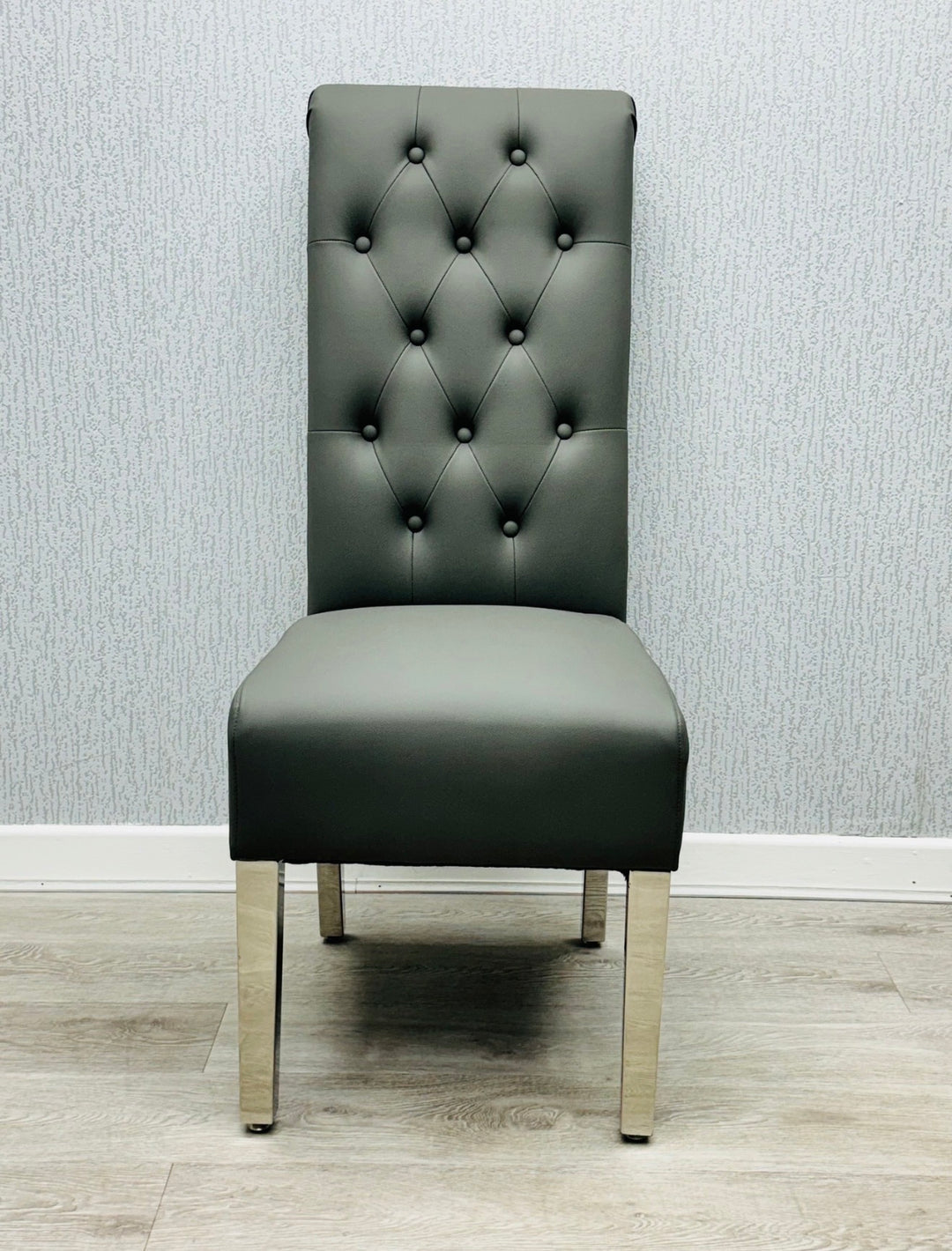 Arianna Grey Marble Dining Table with Dark Grey PU Leather Dining Chairs Lion Knocker– Modern Luxury Dining Set