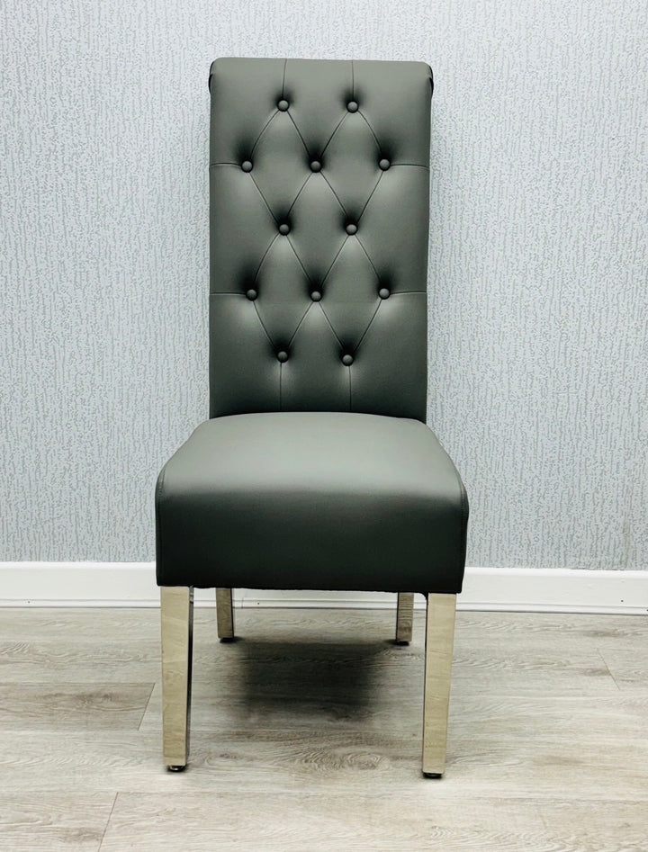 Arianna Grey Marble Dining Table with Dark Grey PU Leather Dining Chairs Lion Knocker– Modern Luxury Dining Set